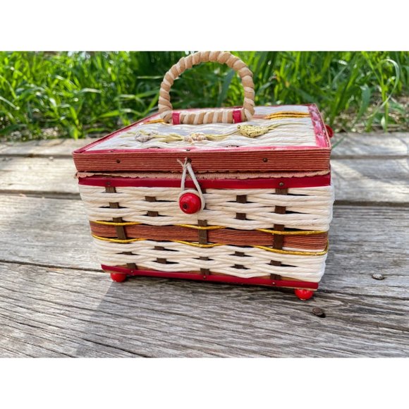 Vintage raffia straw Small Sewing Box Retro Red - Picture 9 of 15
